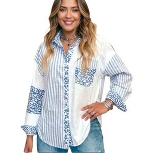 NEW Striped Patchwork Button Shirt w/ Leopard Print Details Blue & White Small